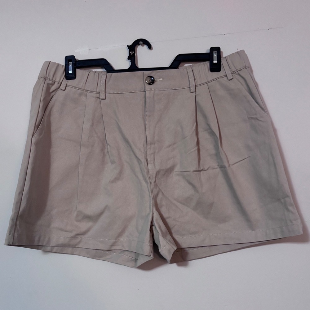 Tan Khaki High Waisted Pleated Cotton Chino Shorts Womens 2XL Elastic Waist